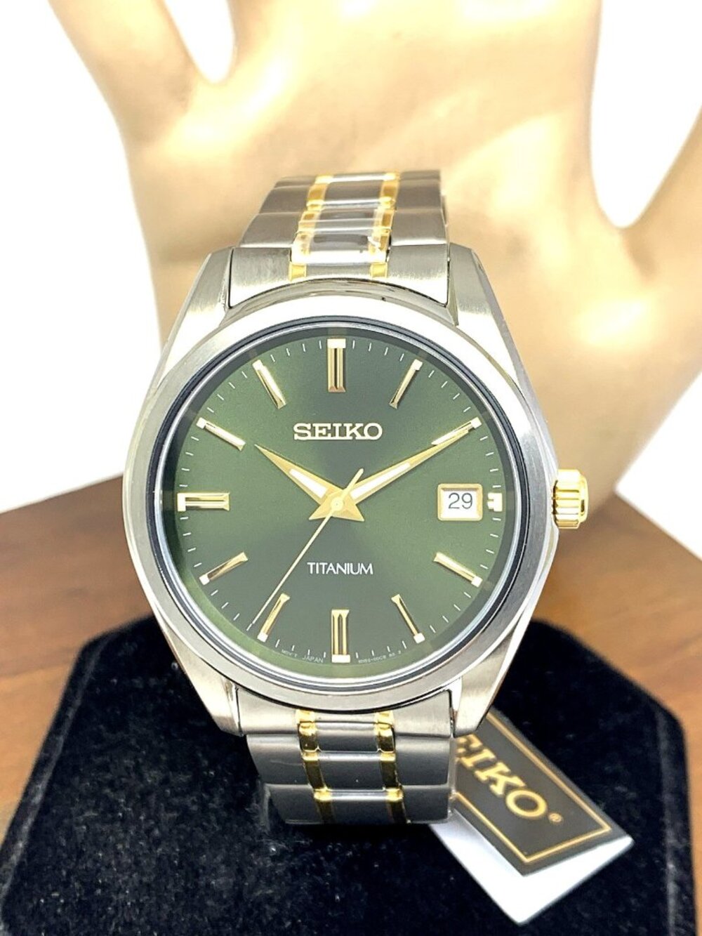 Seiko Men's Watch SUR377 Essentials Quartz Green Dial Titanium Date 2-Tone 40mm